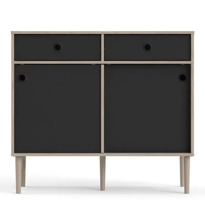 Rome Sideboard 2 Sliding Doors + 2 Drawers in Jackson Hickory Oak with Matt Black - Price Crash Furniture
