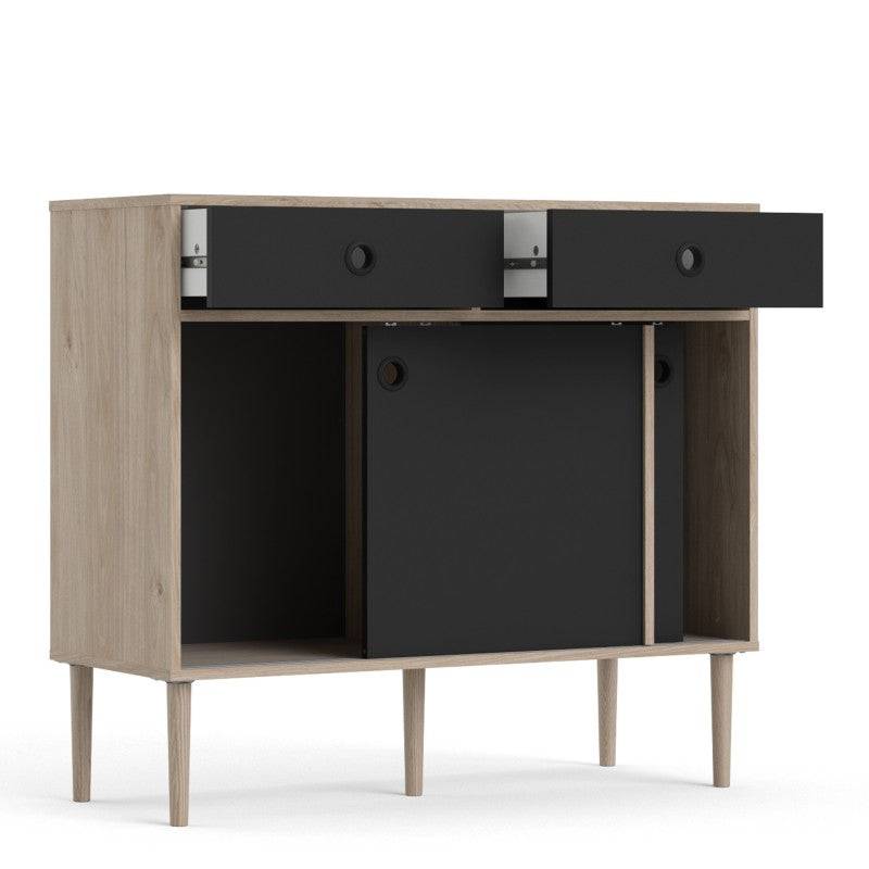 Rome Sideboard 2 Sliding Doors + 2 Drawers in Jackson Hickory Oak with Matt Black - Price Crash Furniture