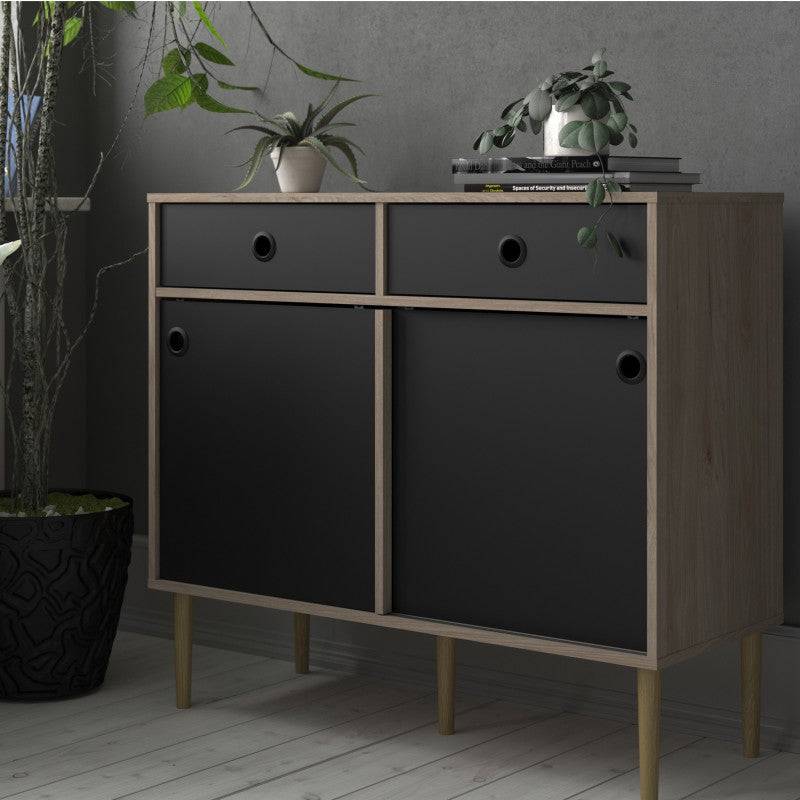 Rome Sideboard 2 Sliding Doors + 2 Drawers in Jackson Hickory Oak with Matt Black - Price Crash Furniture