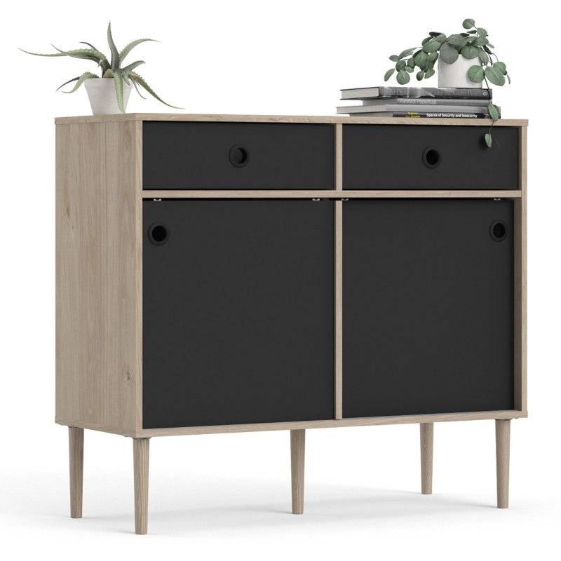 Rome Sideboard 2 Sliding Doors + 2 Drawers in Jackson Hickory Oak with Matt Black - Price Crash Furniture