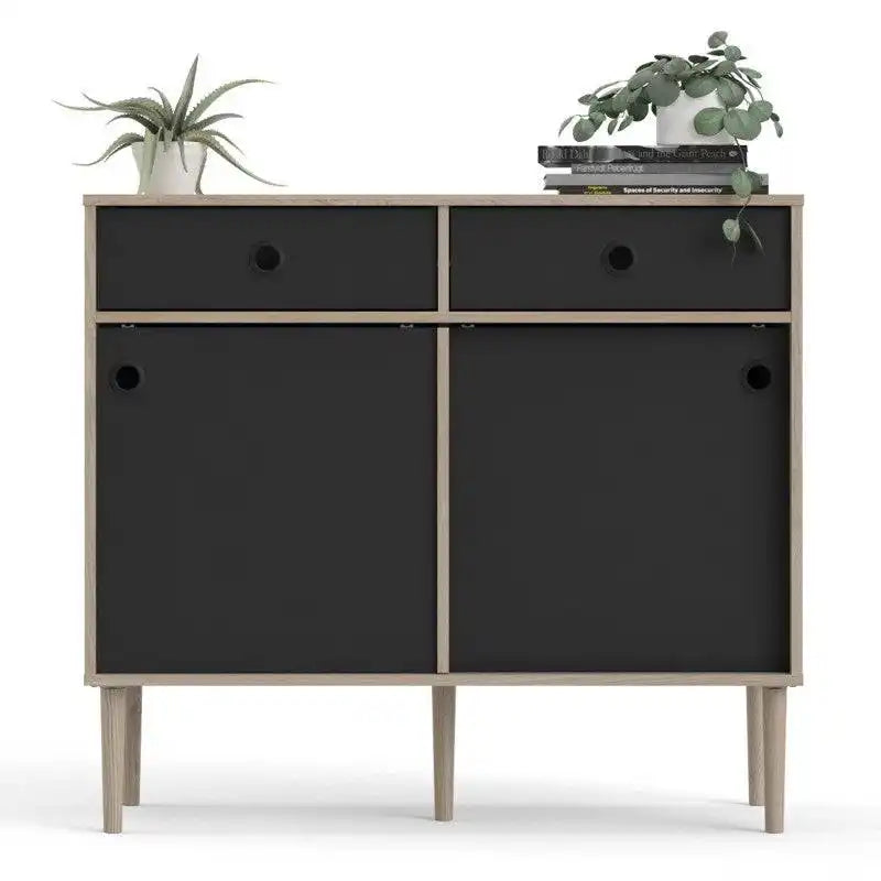 Rome Sideboard 2 Sliding Doors + 2 Drawers in Jackson Hickory Oak with Matt Black - Price Crash Furniture