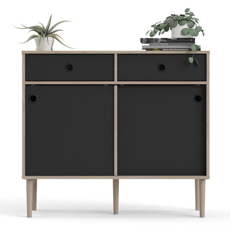 Rome Sideboard 2 Sliding Doors + 2 Drawers in Jackson Hickory Oak with Matt Black - Price Crash Furniture