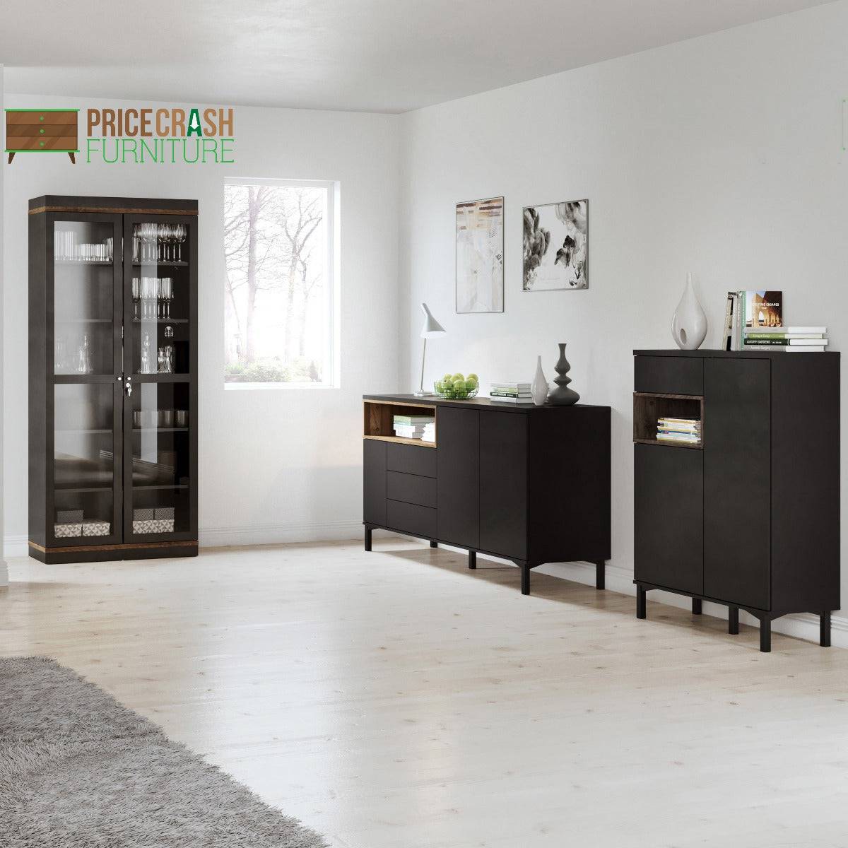 Roomers Display Cabinet Glazed 2 Doors In Black And Walnut - Price Crash Furniture