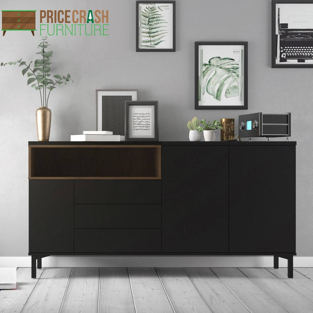 Roomers Sideboard 3 Drawers 3 Doors in Black and Walnut - Price Crash Furniture