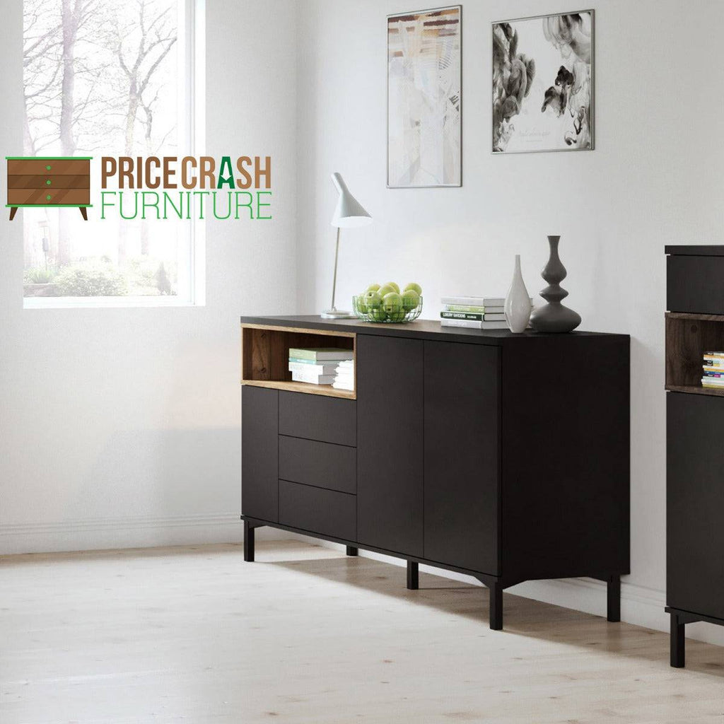 Roomers Sideboard 3 Drawers 3 Doors in Black and Walnut - Price Crash Furniture