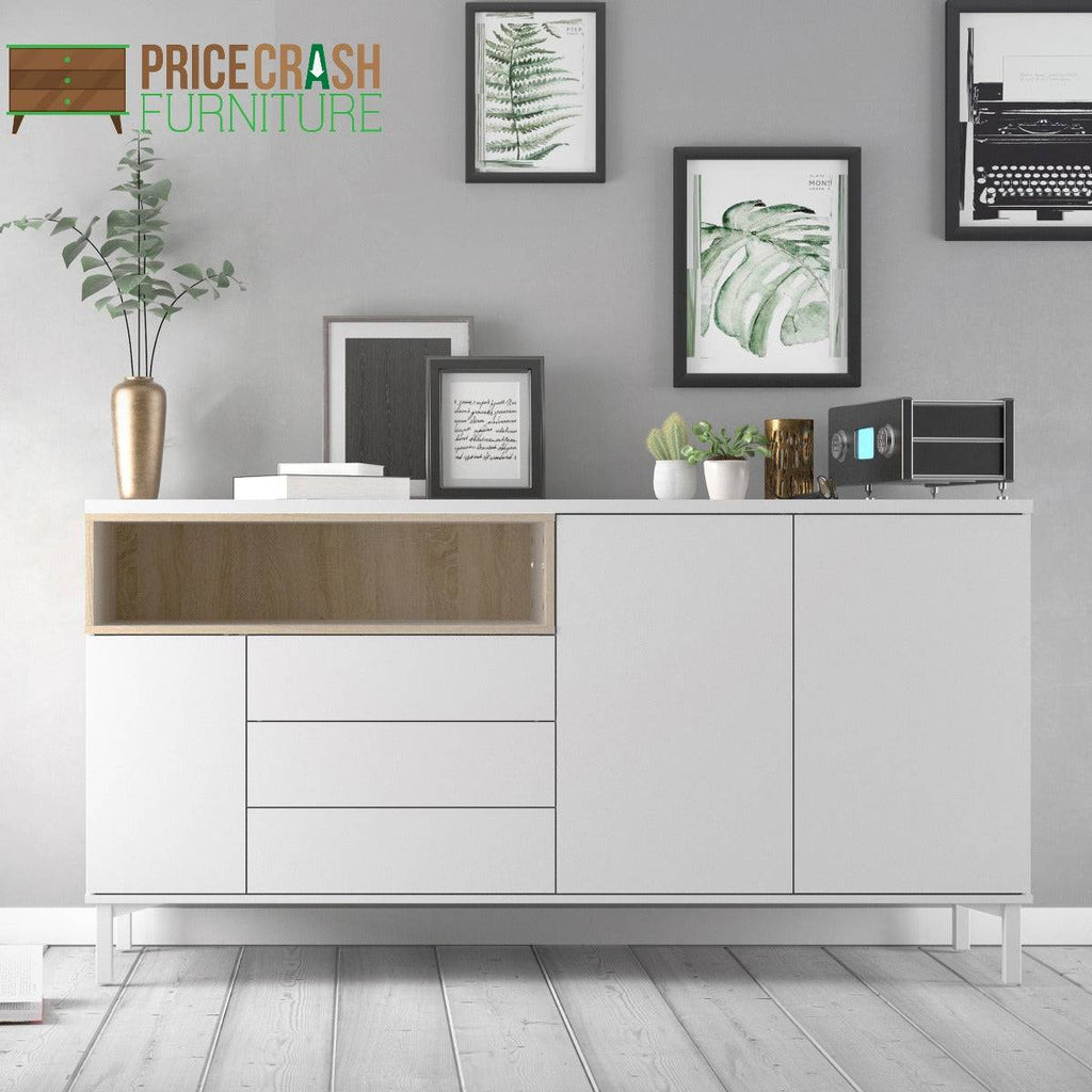 Roomers Sideboard 3 Drawers 3 Doors in White and Oak - Price Crash Furniture