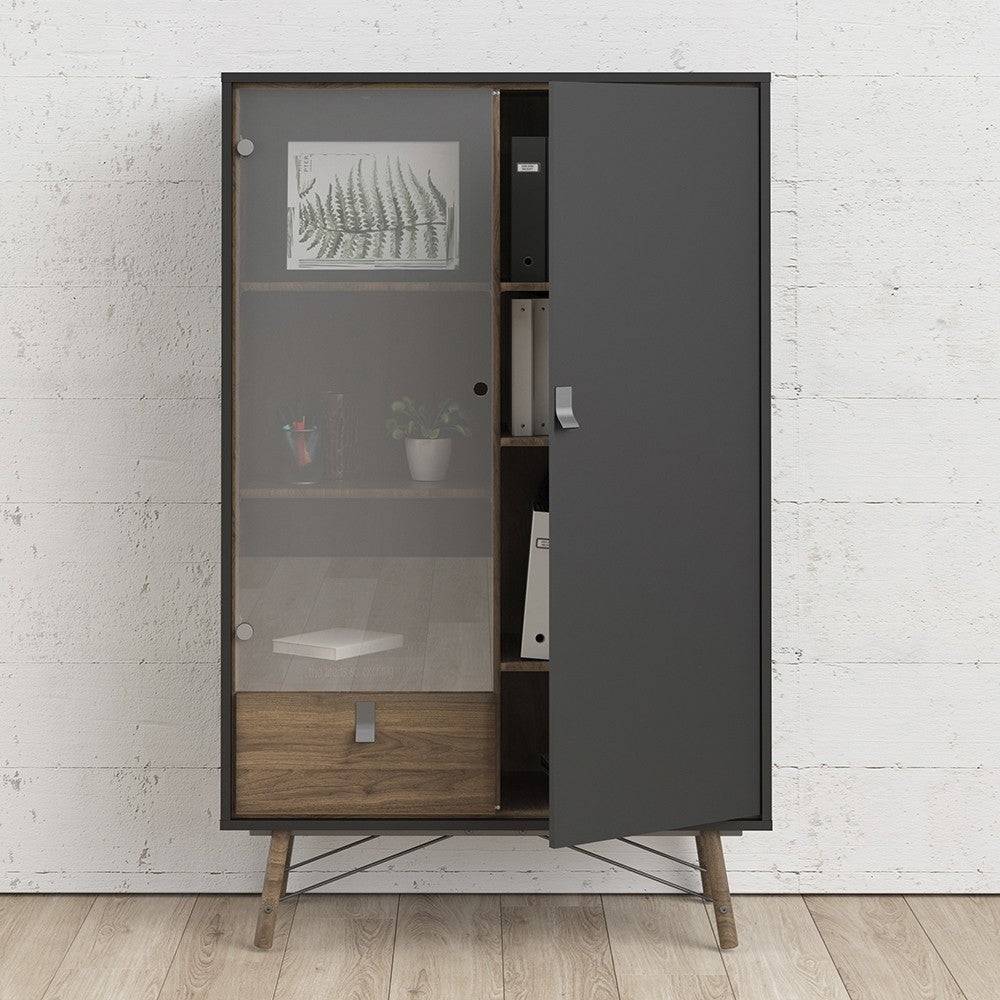 Ry China Display Cabinet 1 Door + 1 Glass Door + 1 Drawer in Matt Black and Walnut - Price Crash Furniture