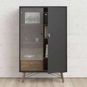Ry China Display Cabinet 1 Door + 1 Glass Door + 1 Drawer in Matt Black and Walnut - Price Crash Furniture