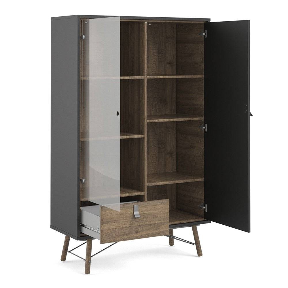 Ry China Display Cabinet 1 Door + 1 Glass Door + 1 Drawer in Matt Black and Walnut - Price Crash Furniture