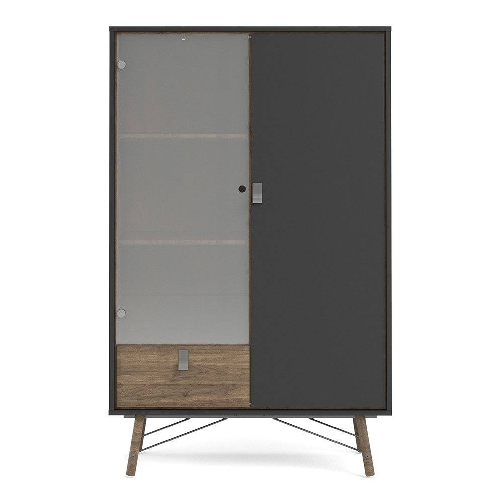 Ry China Display Cabinet 1 Door + 1 Glass Door + 1 Drawer in Matt Black and Walnut - Price Crash Furniture