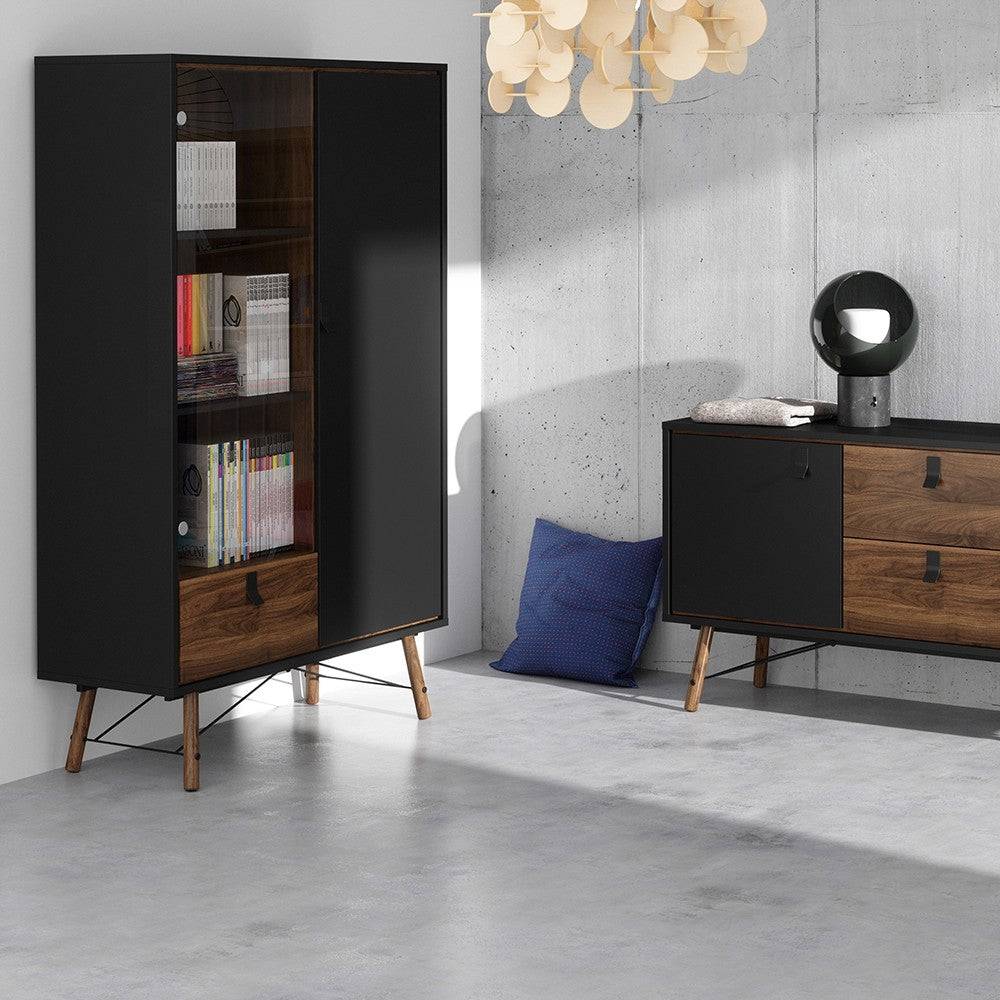 Ry China Display Cabinet 1 Door + 1 Glass Door + 1 Drawer in Matt Black and Walnut - Price Crash Furniture