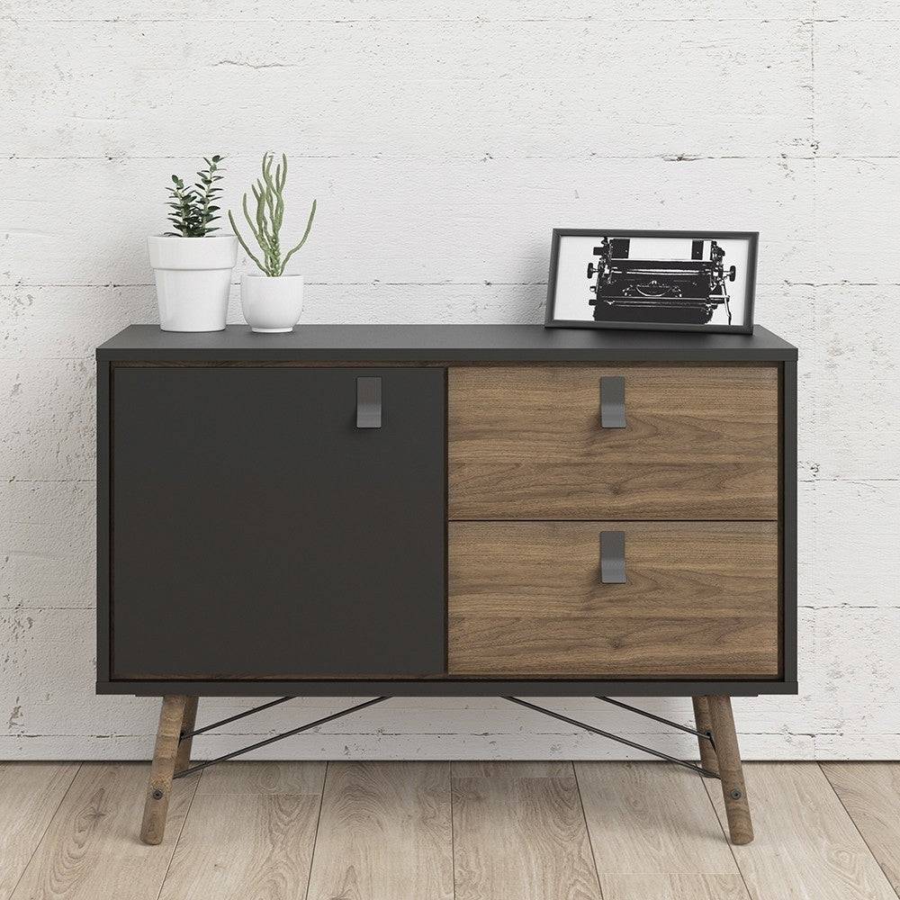 Ry Sideboard with 1 Door + 2 Drawers in Matt Black and Walnut - Price Crash Furniture