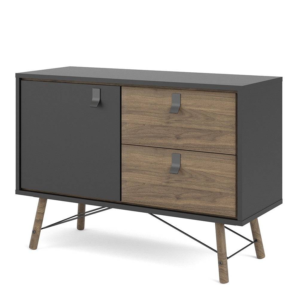 Ry Sideboard with 1 Door + 2 Drawers in Matt Black and Walnut - Price Crash Furniture