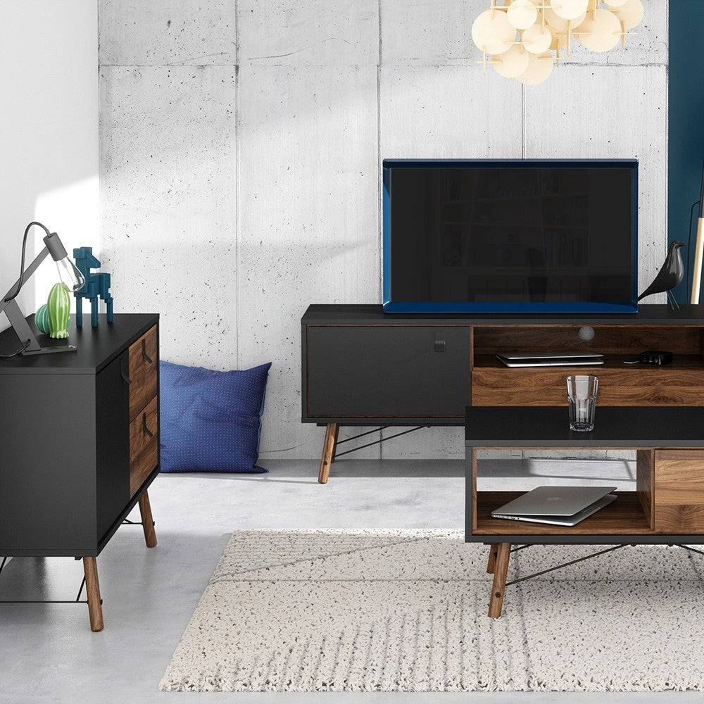 Ry Sideboard with 1 Door + 2 Drawers in Matt Black and Walnut - Price Crash Furniture