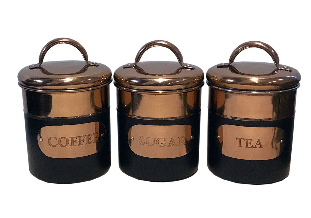 Set of 3 Black & Copper Tea, Sugar & Coffee Tins - Price Crash Furniture