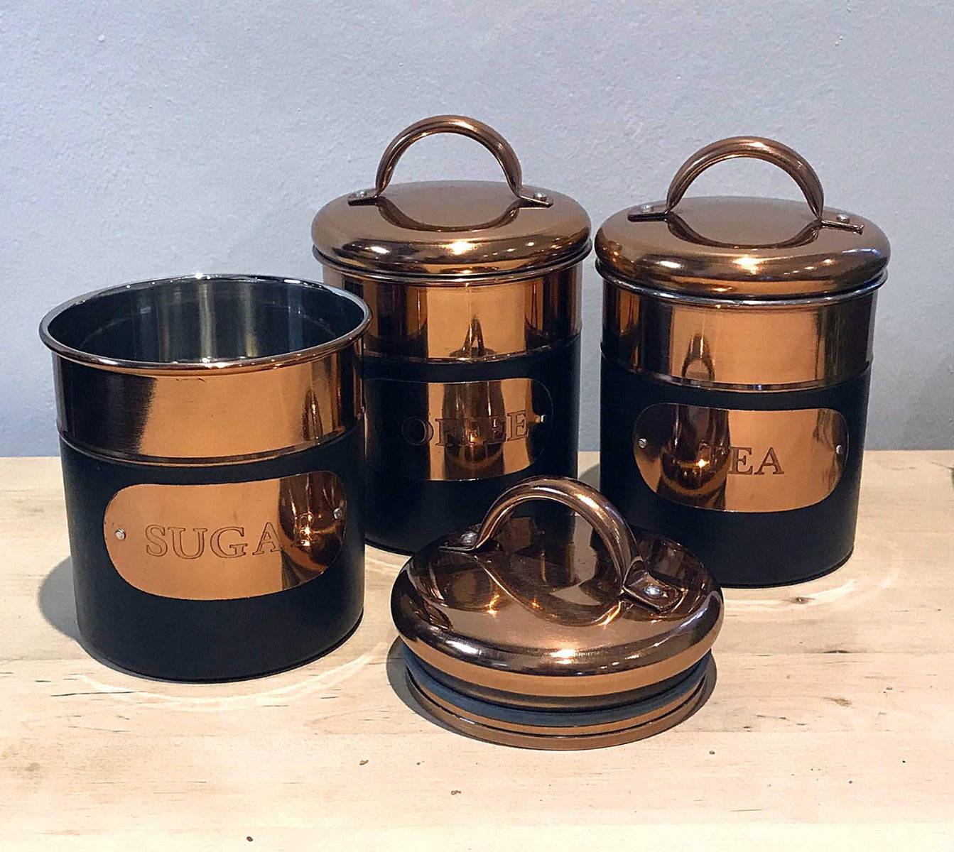 Set of 3 Black & Copper Tea, Sugar & Coffee Tins - Price Crash Furniture