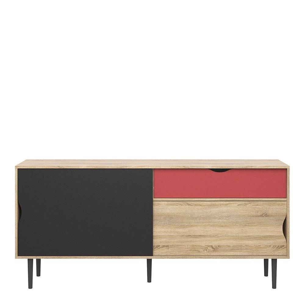 Sideboard 1 Drawer, Sliding Doors In Oak With Dark Grey And Teracotta - Price Crash Furniture