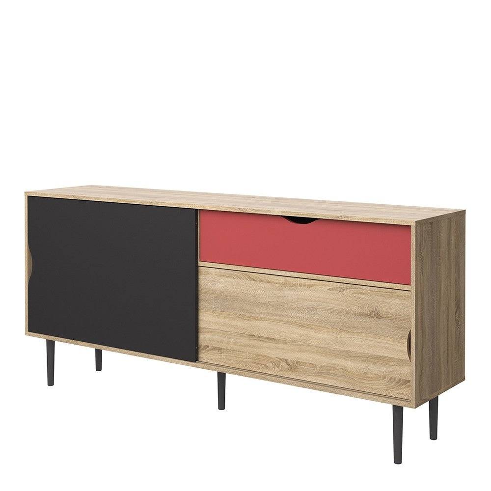 Sideboard 1 Drawer, Sliding Doors In Oak With Dark Grey And Teracotta - Price Crash Furniture