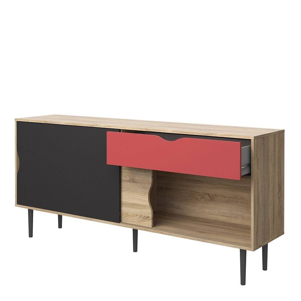 Sideboard 1 Drawer, Sliding Doors In Oak With Dark Grey And Teracotta - Price Crash Furniture