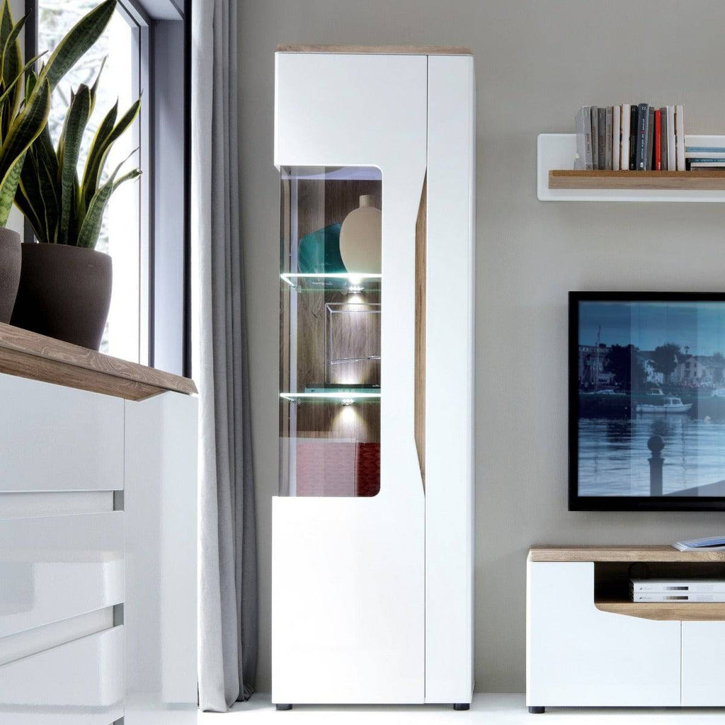 Toledo 1 Door Display Cabinet (LH) in White Gloss & Oak - Price Crash Furniture
