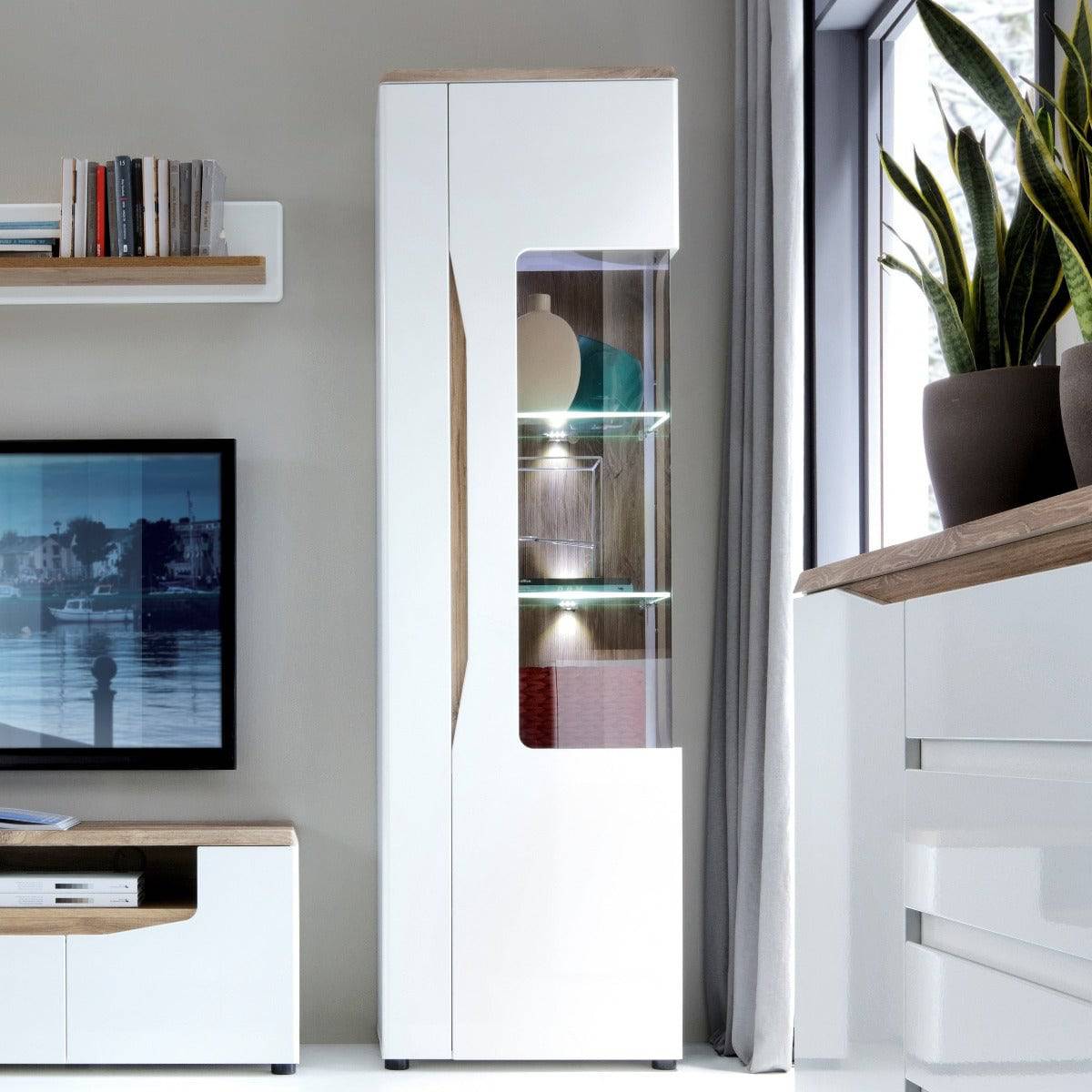 Toledo 1 Door Display Cabinet (RH) In White Gloss & Oak - Price Crash Furniture