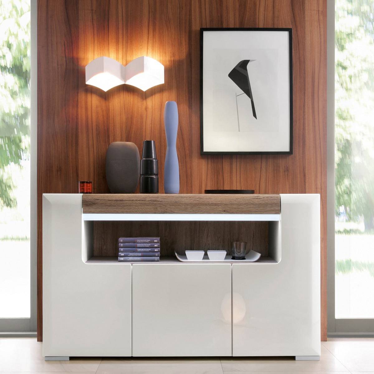 Toronto 3 Door Sideboard With Open Shelving (inc. Plexi Lighting) - Price Crash Furniture