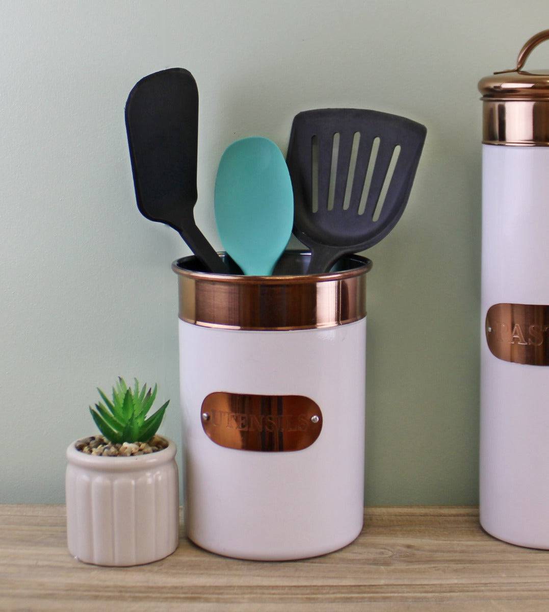 Utensils Holder, Copper & White Metal Design - Price Crash Furniture