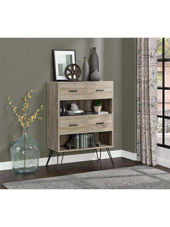 Landon 4 Drawer Storage Bookcase in Distressed Grey Oak Finish - Price Crash Furniture