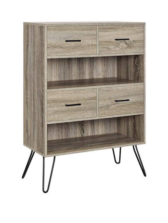 Landon 4 Drawer Storage Bookcase in Distressed Grey Oak Finish - Price Crash Furniture