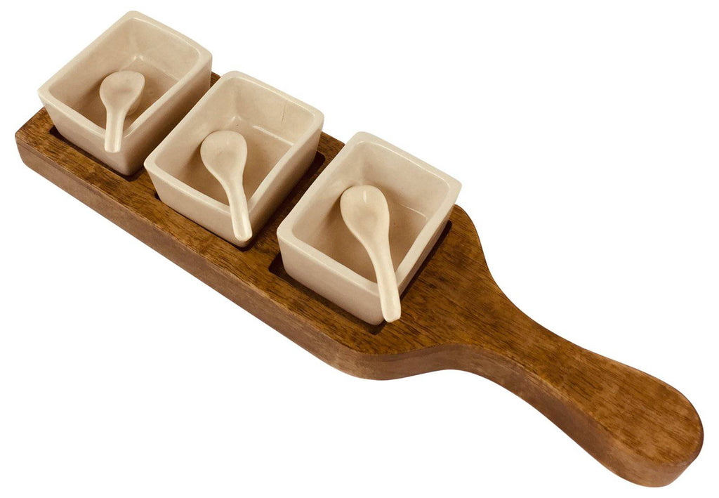 Wooden Tray With Dip Bowls & Spoons 36cm - Price Crash Furniture