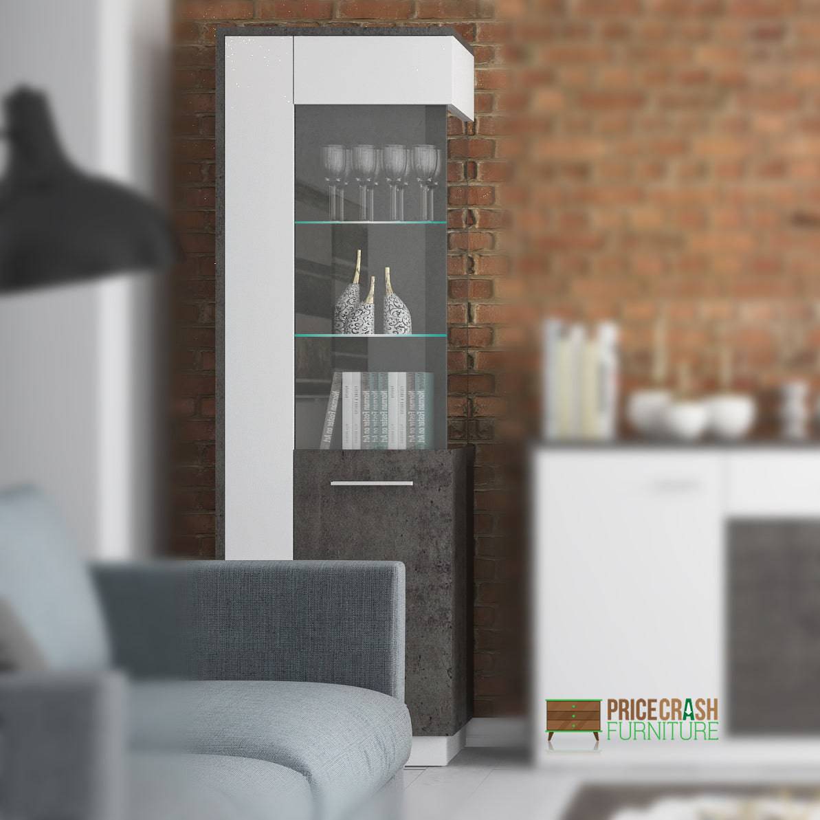 Zingaro Tall Glazed display cabinet (RH) in Dark loft and white alpine - Price Crash Furniture