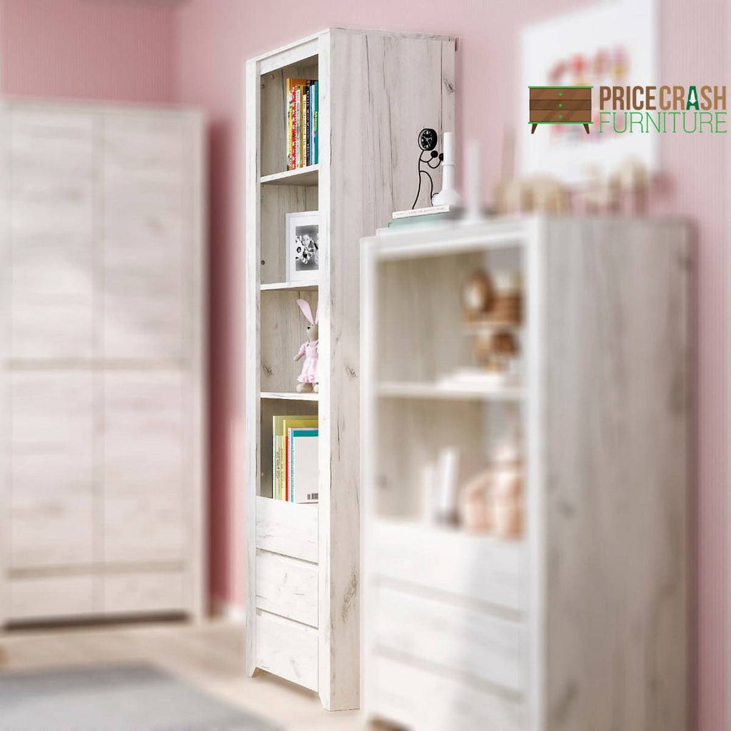 Angel Tall Narrow 3 Drawer Bookcase in White Oak - Price Crash Furniture