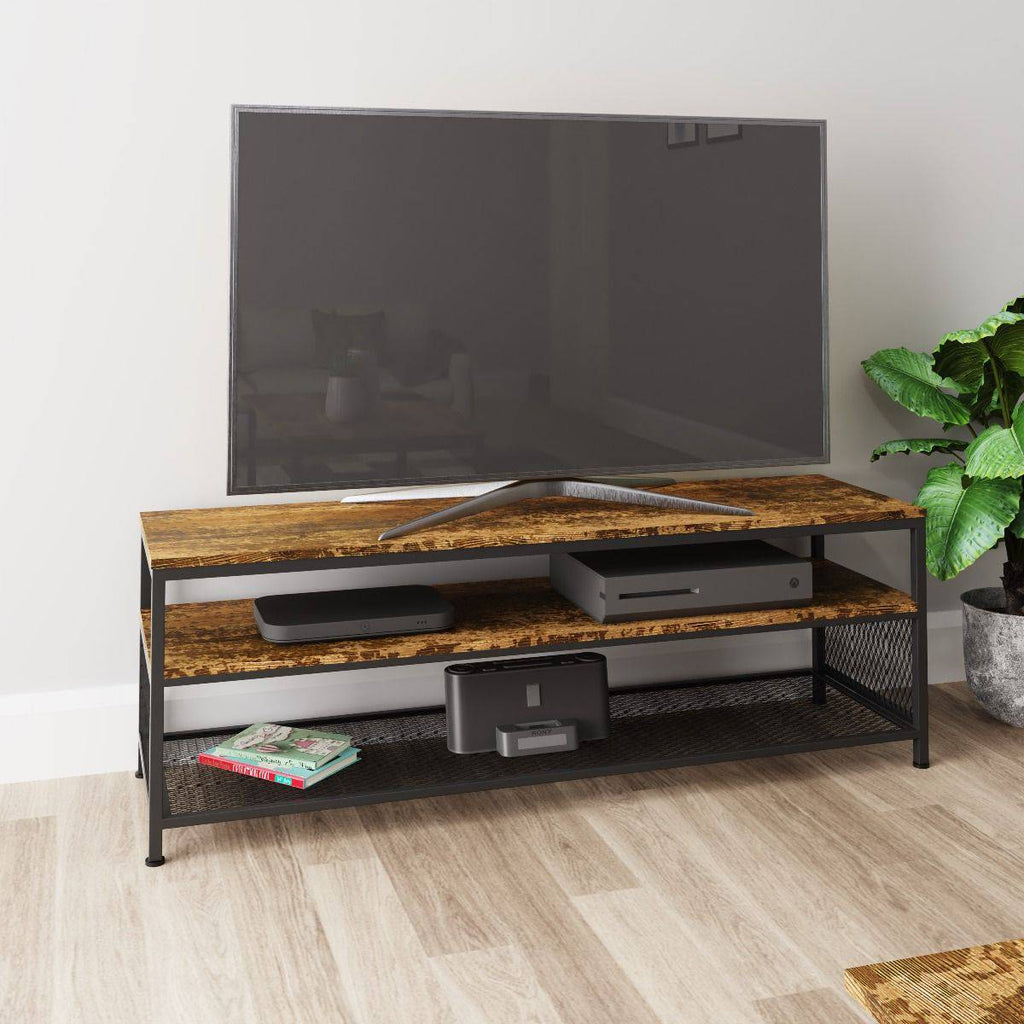 Bala Living TV Stand in rustic wood grain style with black metallic frame by TAD - Price Crash Furniture