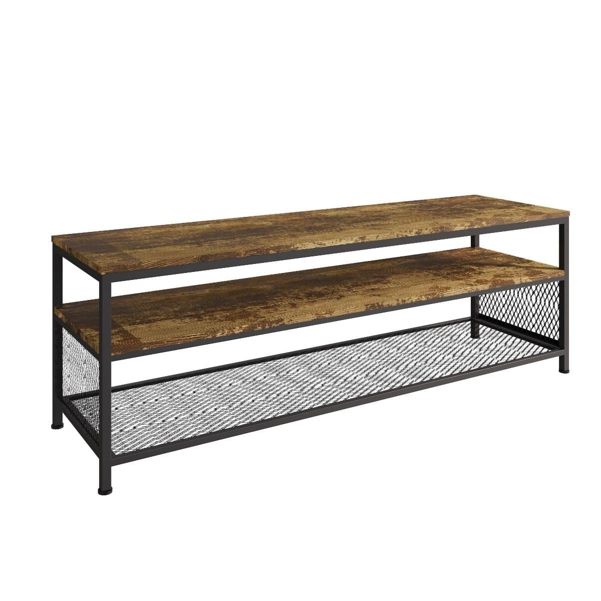 Bala Living TV Stand in rustic wood grain style with black metallic frame by TAD - Price Crash Furniture