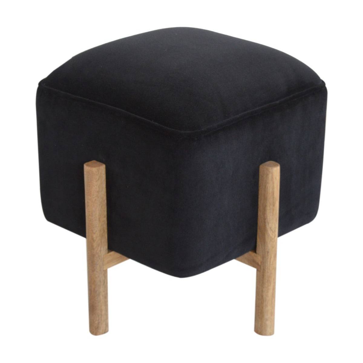 Black Velvet Footstool with Solid Wood Legs - Price Crash Furniture