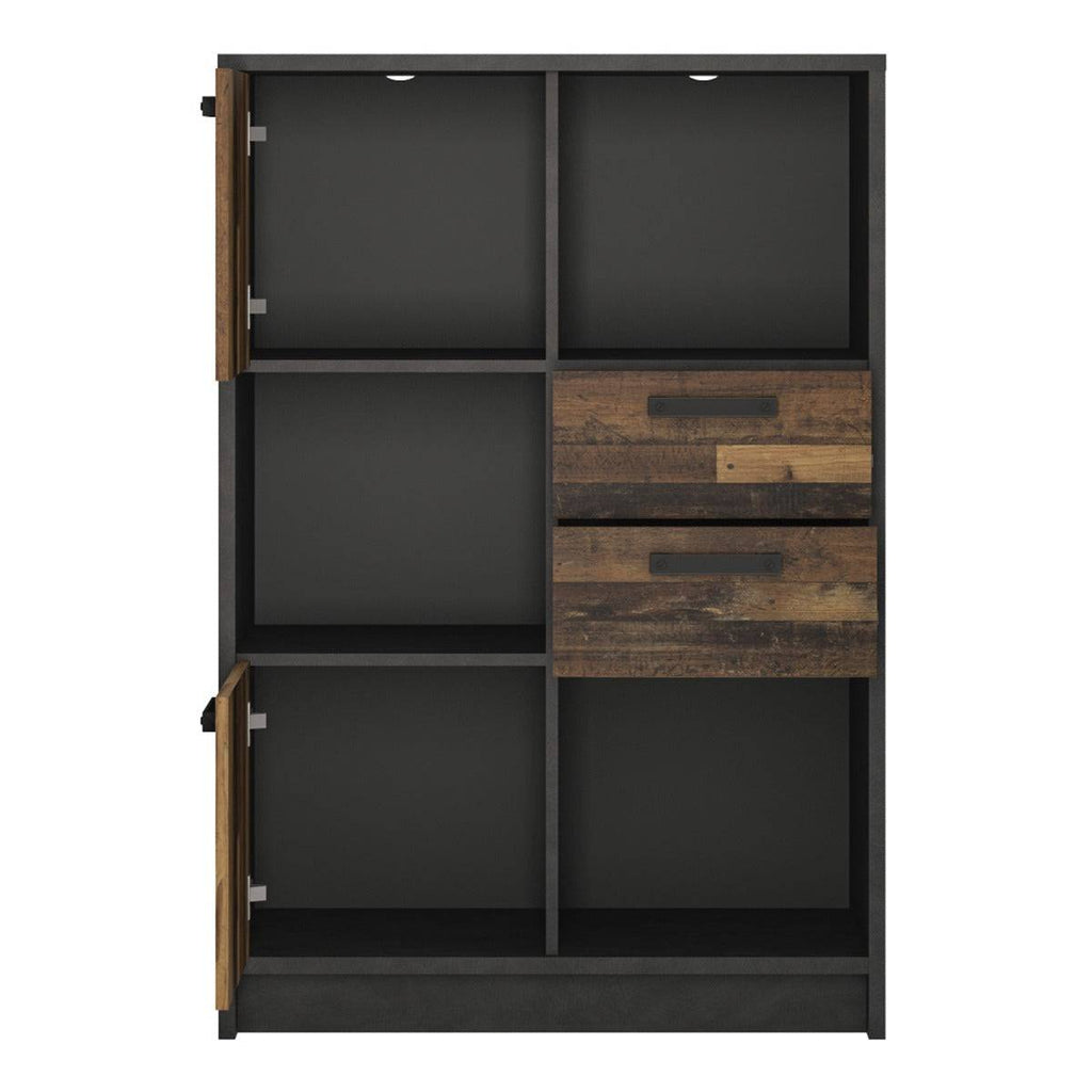 Brooklyn Low Bookcase with 2 Doors and 2 Drawers in Walnut and Grey - Price Crash Furniture