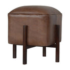 Brown Leather Footstool with Solid Wood Legs - Price Crash Furniture