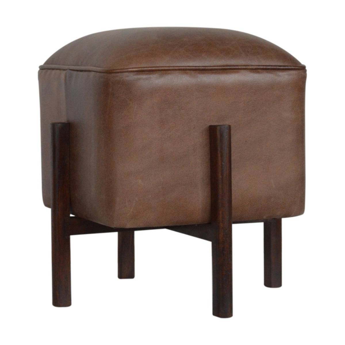 Brown Leather Footstool with Solid Wood Legs - Price Crash Furniture