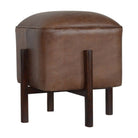 Brown Leather Footstool with Solid Wood Legs - Price Crash Furniture