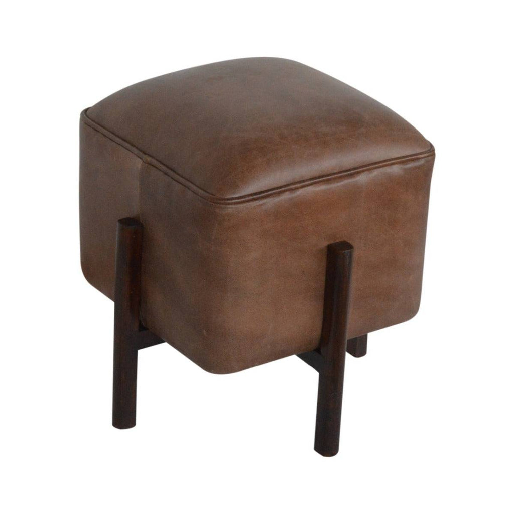Brown Leather Footstool with Solid Wood Legs - Price Crash Furniture