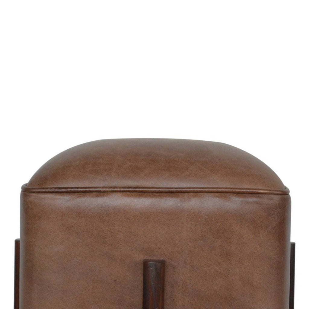 Brown Leather Footstool with Solid Wood Legs - Price Crash Furniture