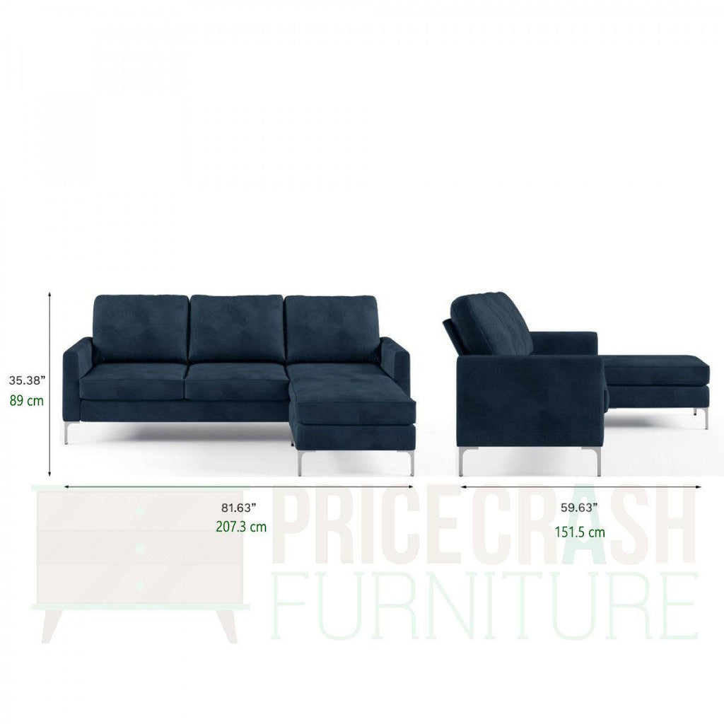 Chapman L Shaped Corner Sofa with Chrome Legs in Blue Velvet by Dorel - Price Crash Furniture