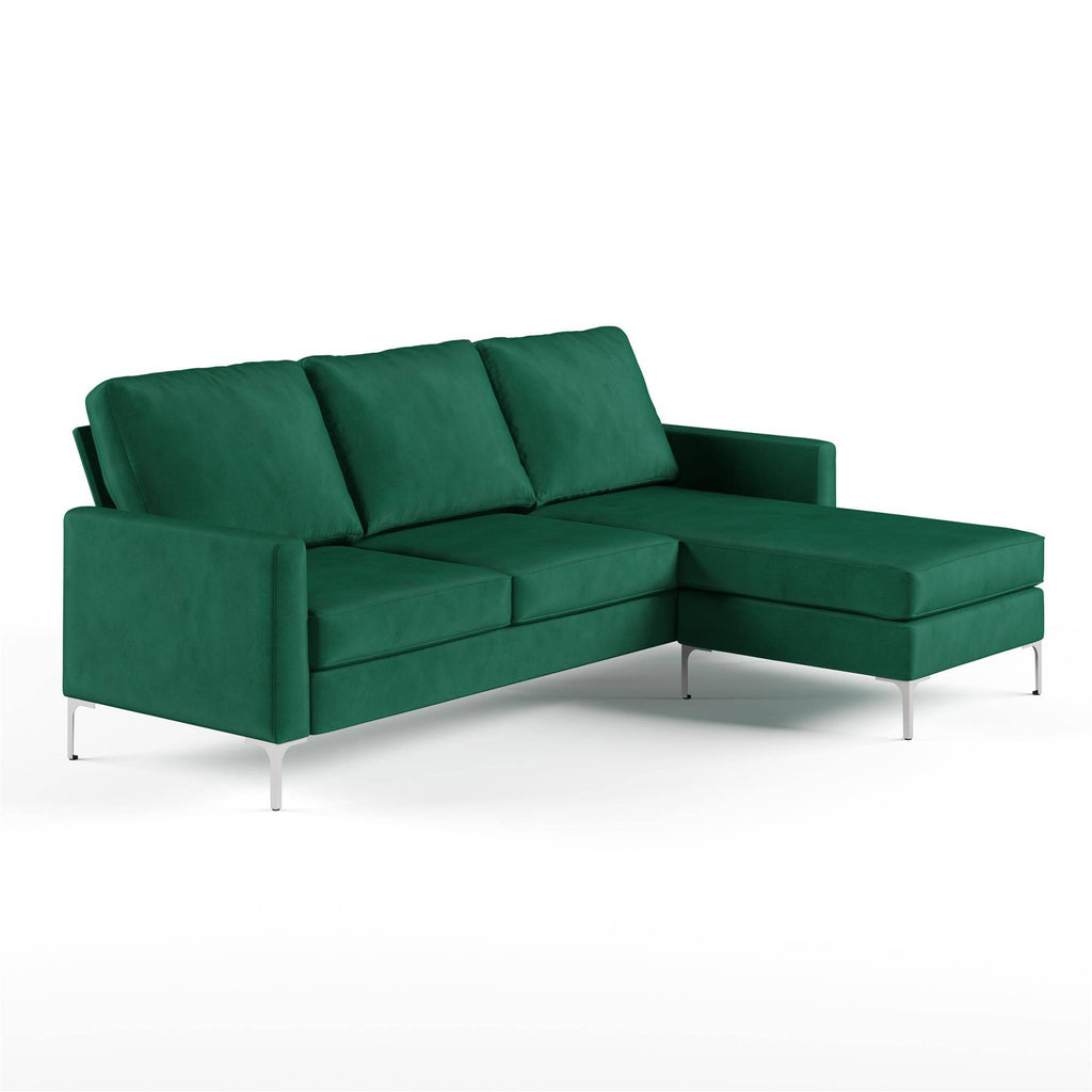 Chapman L Shaped Corner Sofa with Chrome Legs in Green Velvet by Dorel - Price Crash Furniture