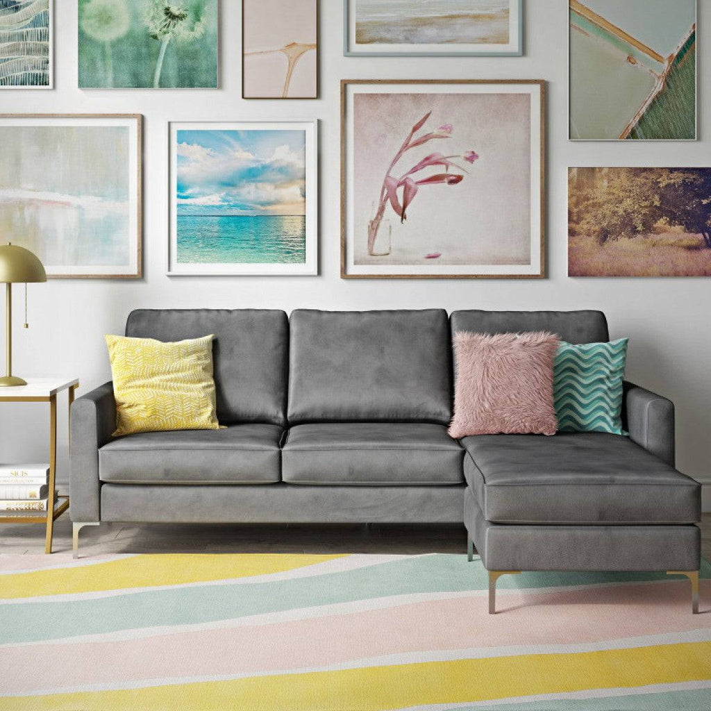 Chapman L Shaped Corner Sofa with Chrome Legs in Grey Velvet by Dorel - Price Crash Furniture