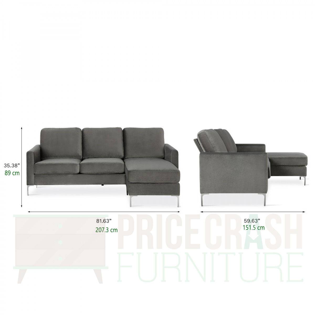 Chapman L Shaped Corner Sofa with Chrome Legs in Grey Velvet by Dorel - Price Crash Furniture