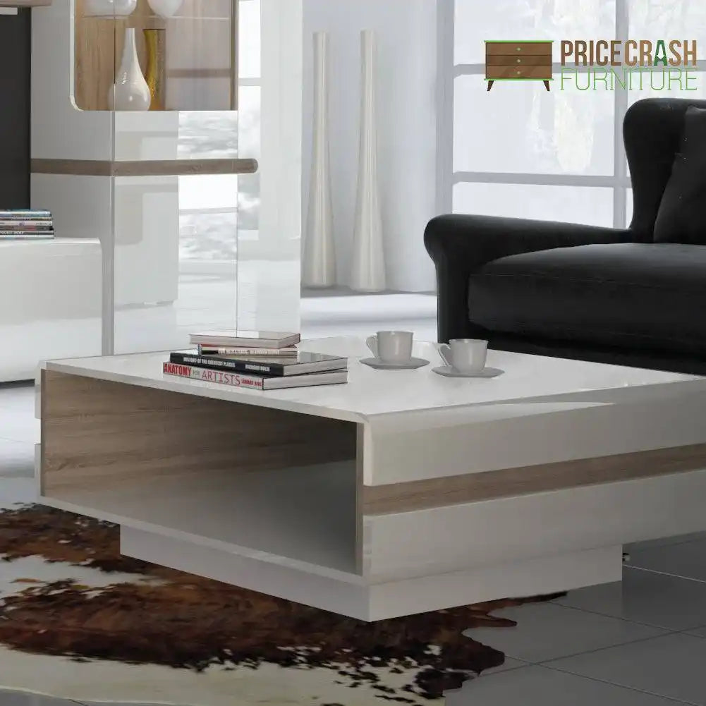 Chelsea 75cm Small Coffee Table in White Gloss with Truffle Oak - Price Crash Furniture