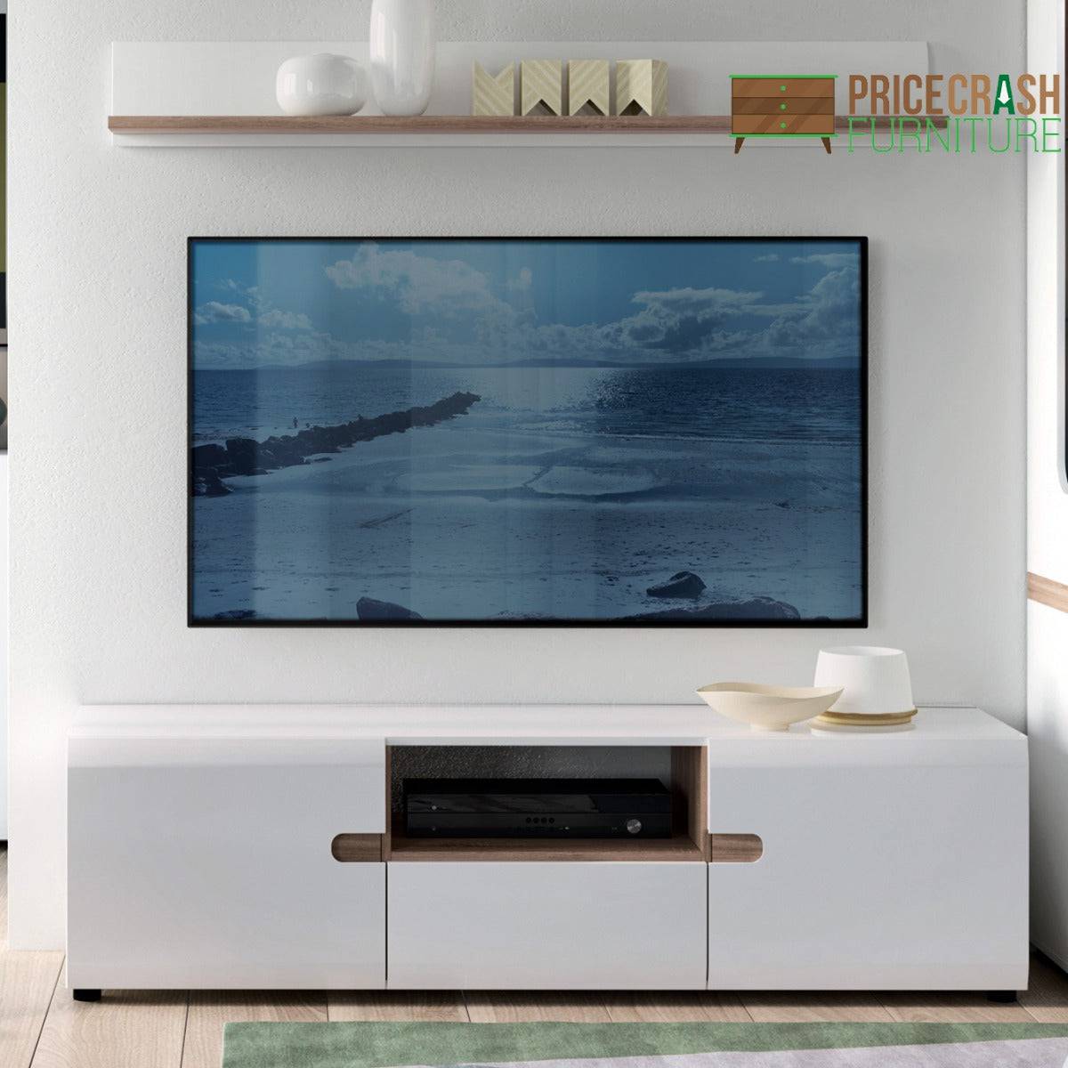 Chelsea Living Wide TV Unit in White Gloss With a Truffle Oak Trim - Price Crash Furniture