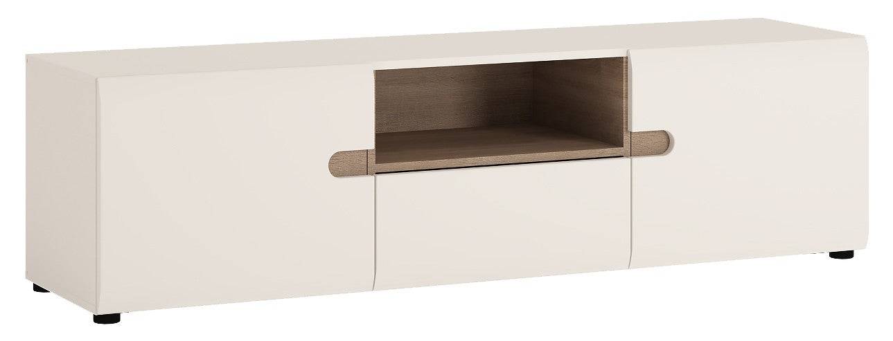 Chelsea Living Wide TV Unit in White Gloss With a Truffle Oak Trim - Price Crash Furniture