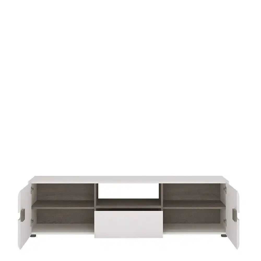 Chelsea Living Wide TV Unit in White Gloss With a Truffle Oak Trim - Price Crash Furniture