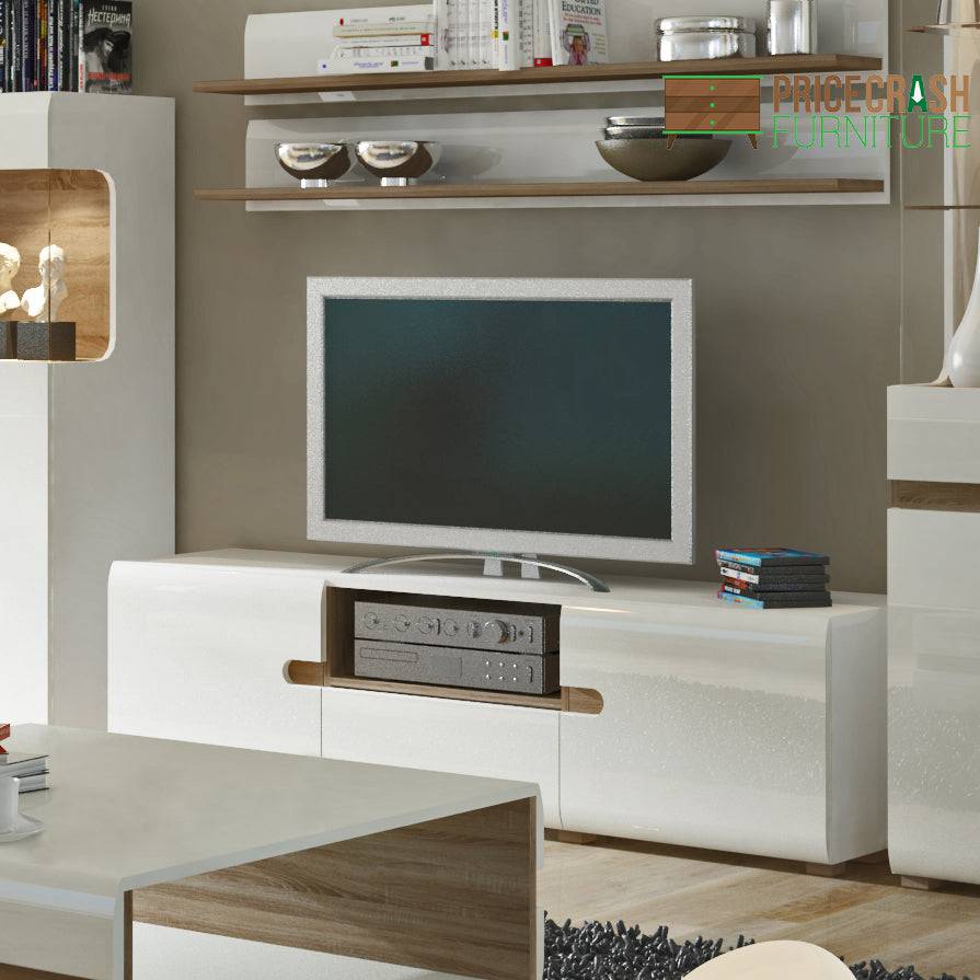 Chelsea Living Wide TV Unit in White Gloss With a Truffle Oak Trim - Price Crash Furniture